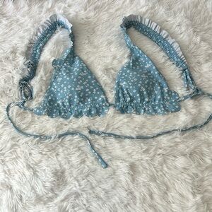 Ditsy Floral Ruffled String Bikini Top Light Blue w White Daisys Adjust